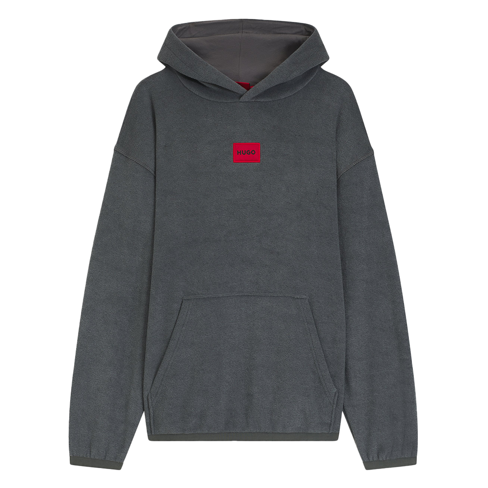 grey hoodie with red Hugo patch