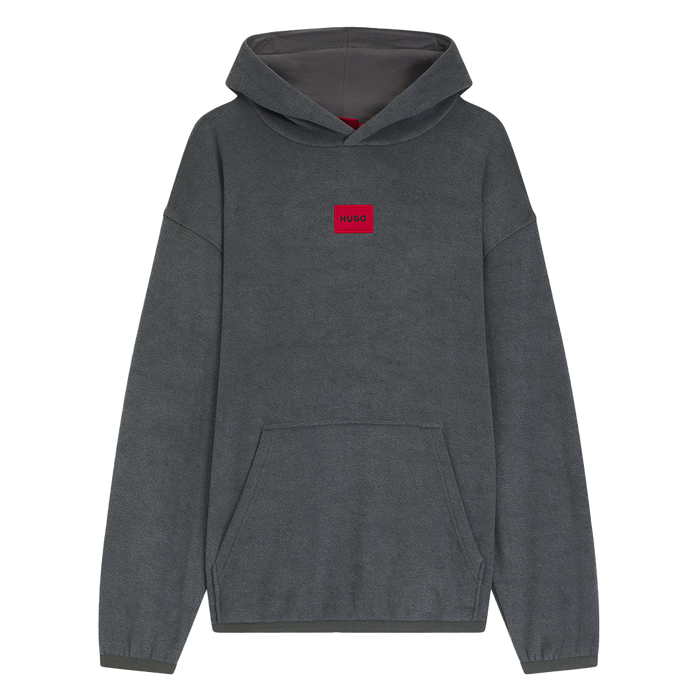 grey hoodie with red Hugo patch