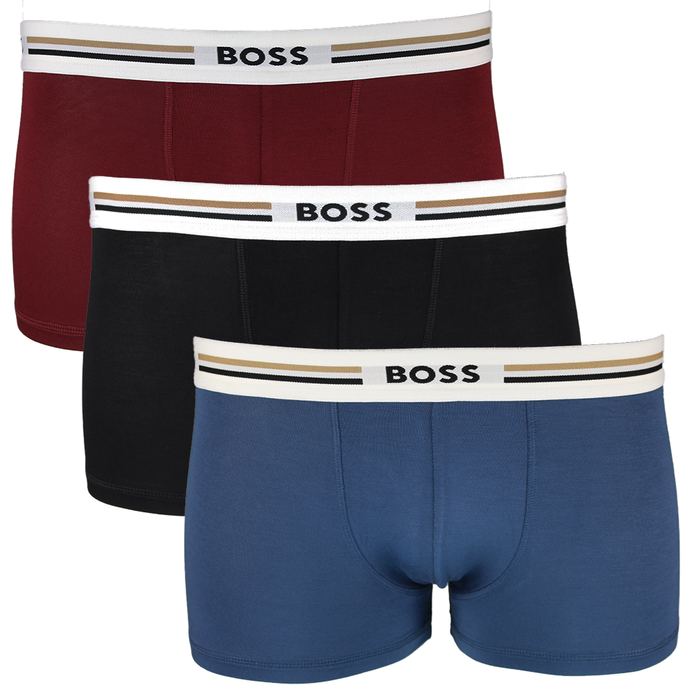 3 pairs of BOSS boxer trunks in various colours.