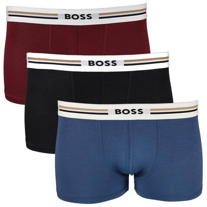 3 pairs of BOSS boxer trunks in various colours.