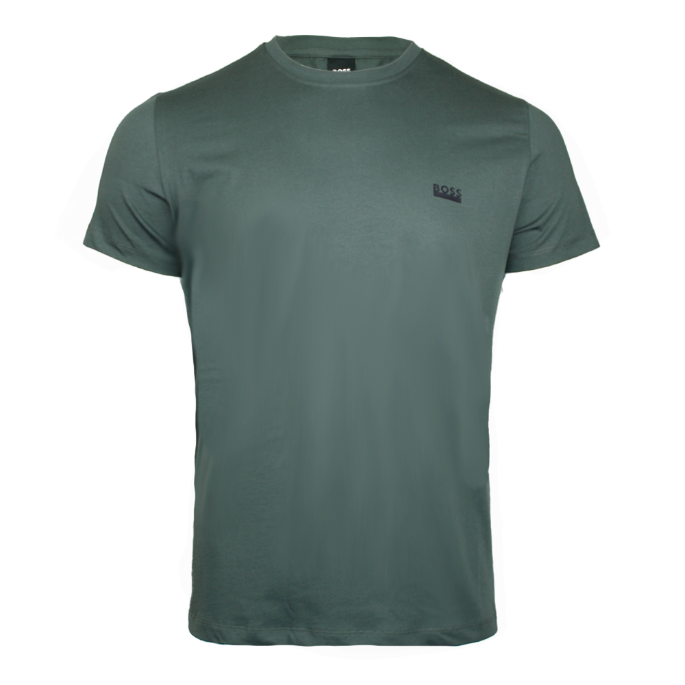 green t-shirt with BOSS log in black on the chest