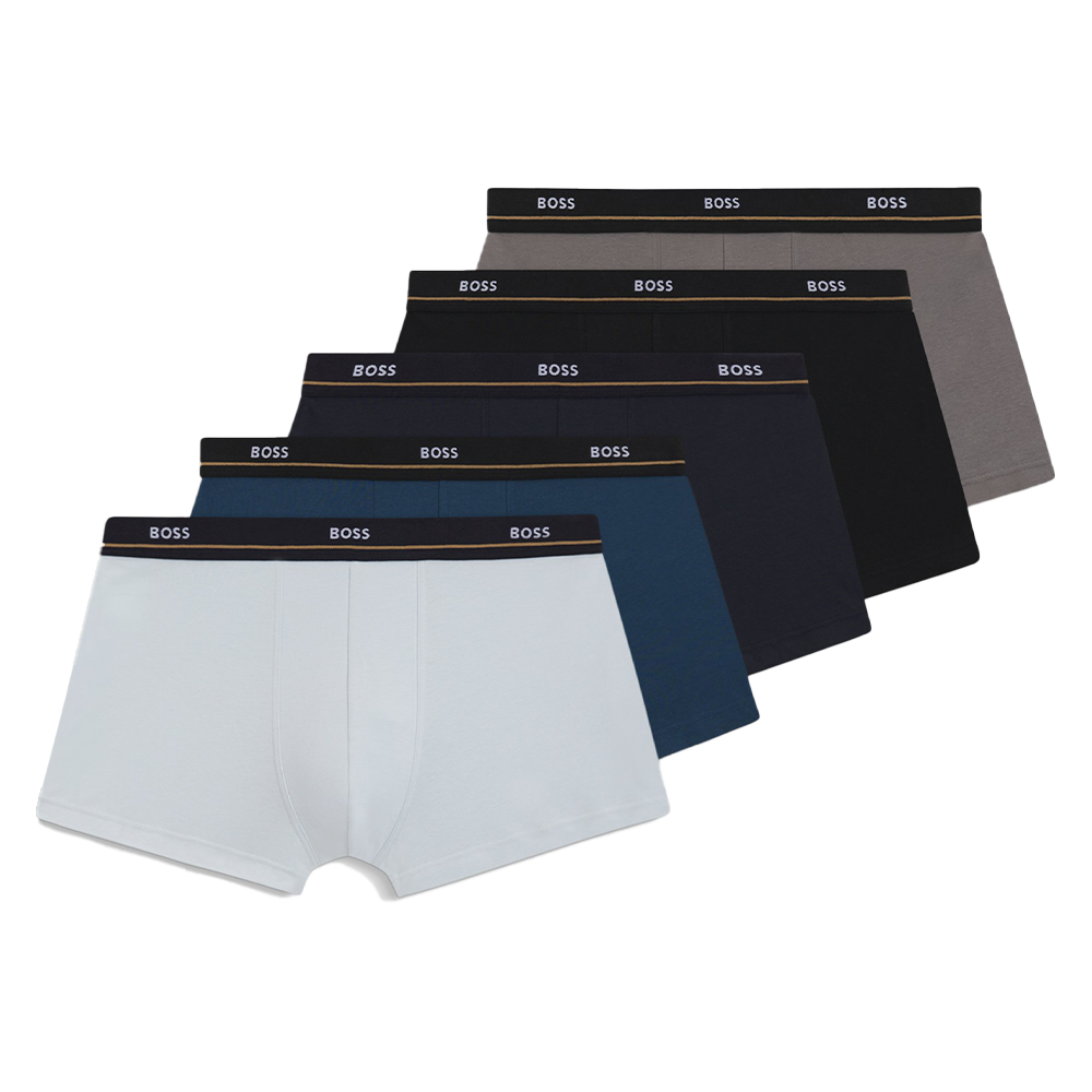 Set of five BOSS boxer trunks in various colors on a white background