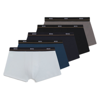 Set of five BOSS boxer trunks in various colors on a white background