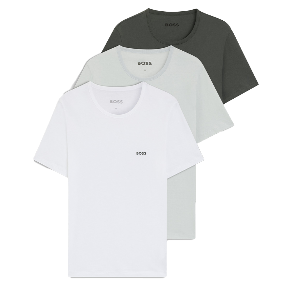 Three t-shirts in white, gray, and green with 'BOSS' branding on a white background.