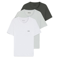 Three t-shirts in white, gray, and green with 'BOSS' branding on a white background.