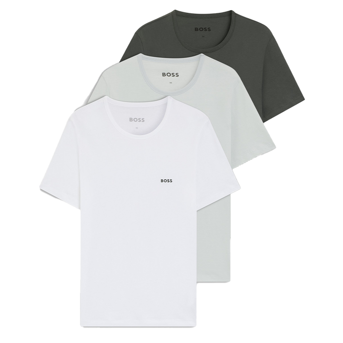 Three t-shirts in white, gray, and green with 'BOSS' branding on a white background.