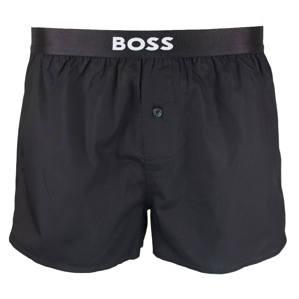 Black boxer shorts with white BOSS branding 