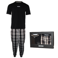 Black t-shirt and plaid pants with a BOSS box set on a white background
