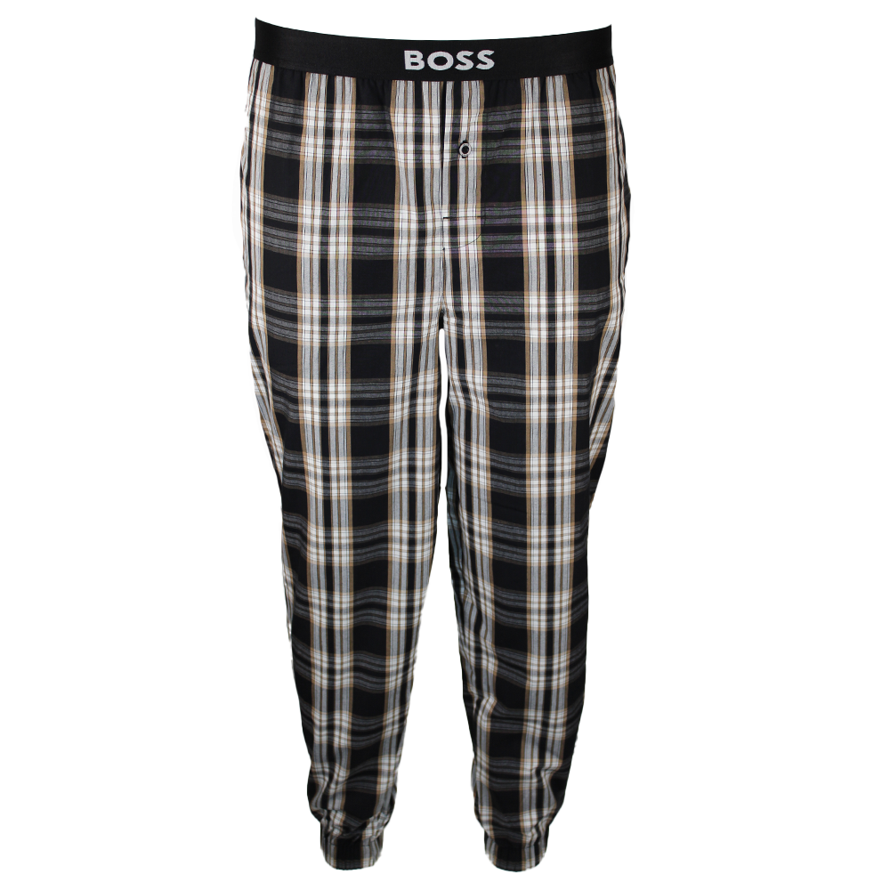 Plaid pajama pants with 'BOSS' waistband on a white background