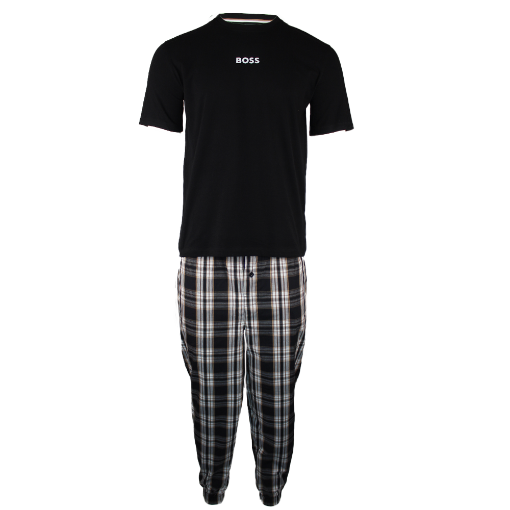 Black t-shirt and plaid pants set with 'BOSS' branding on a white background