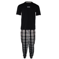Black t-shirt and plaid pants set with 'BOSS' branding on a white background