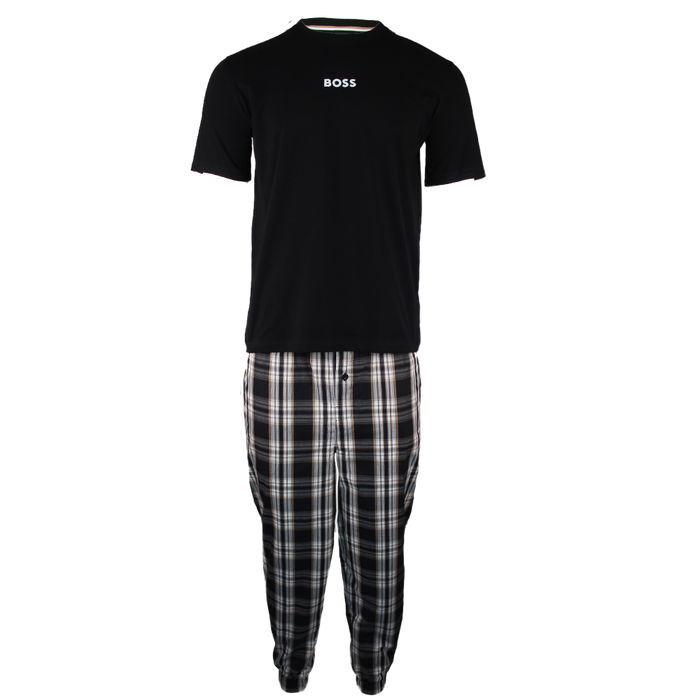 Black t-shirt and plaid pants set with 'BOSS' branding on a white background