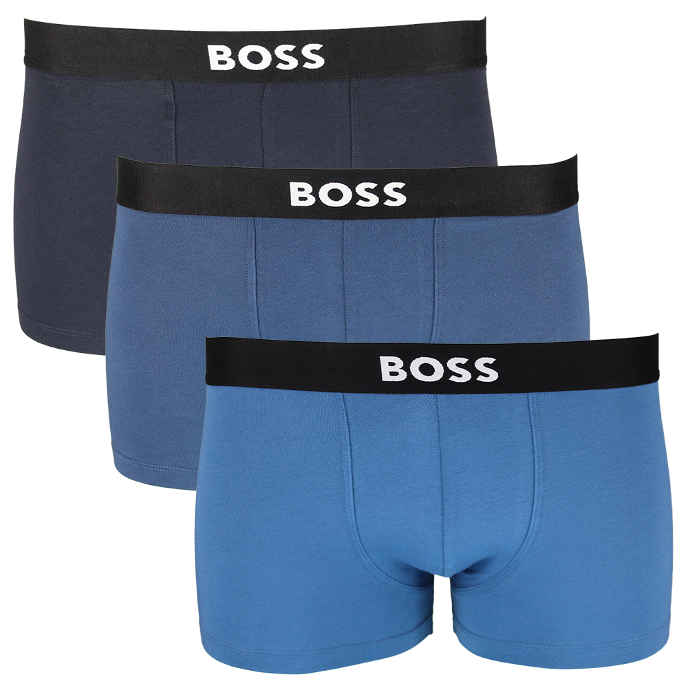 3 blue boxer trunks with white BOSS branding
