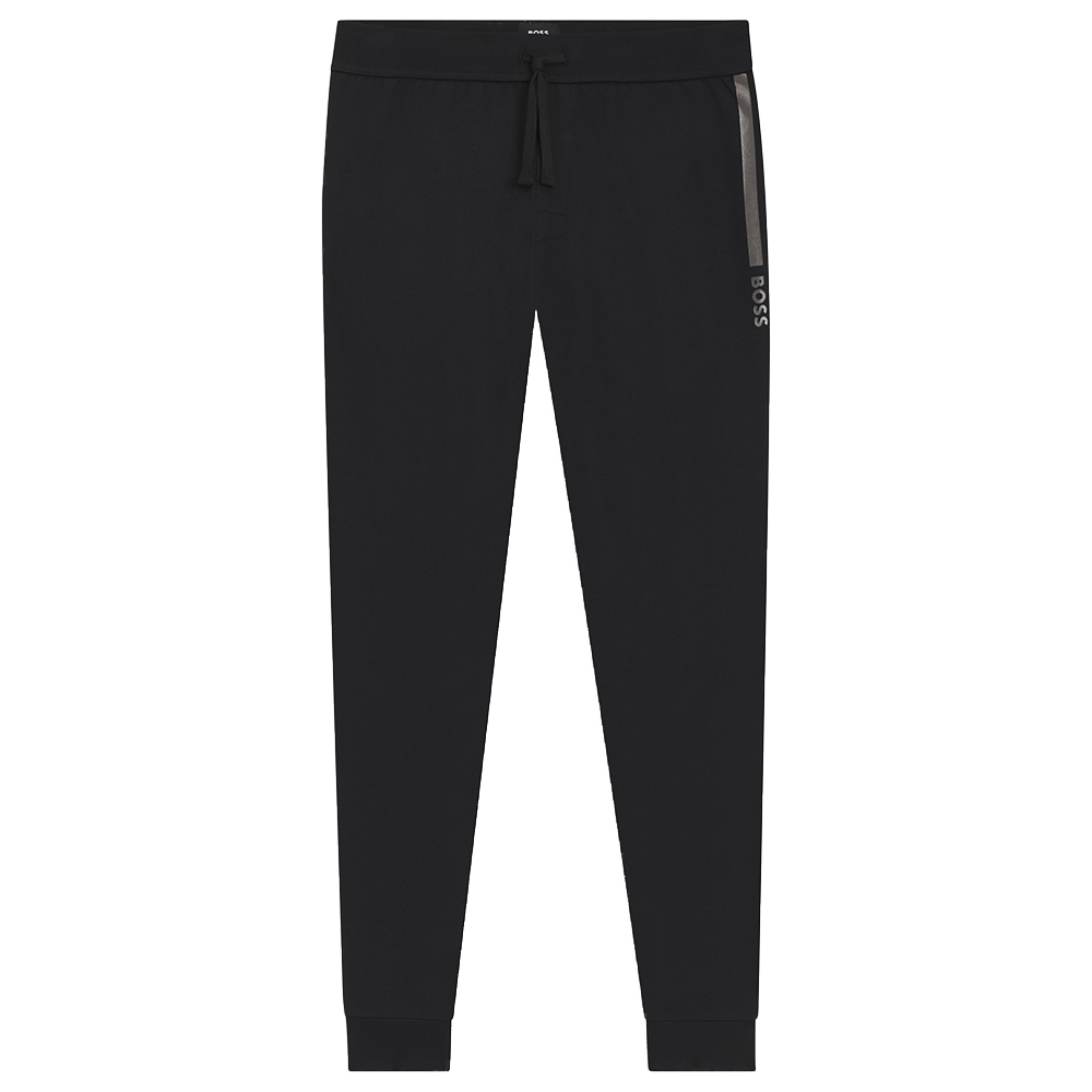 Black jogger pants with a logo on a white background