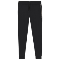 Black jogger pants with a logo on a white background