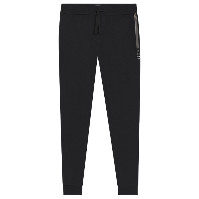 Black jogger pants with a logo on a white background