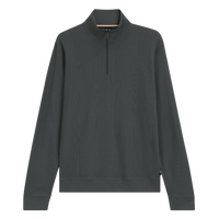 Dark green ribbed sweater with a quarter zip on a white background