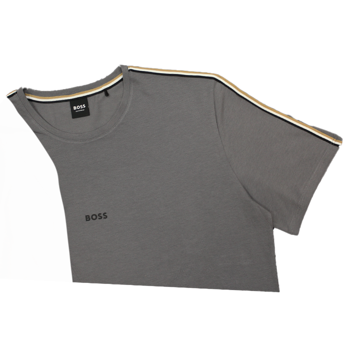 Grey t-shirt with central BOSS logo and sleeve stripe