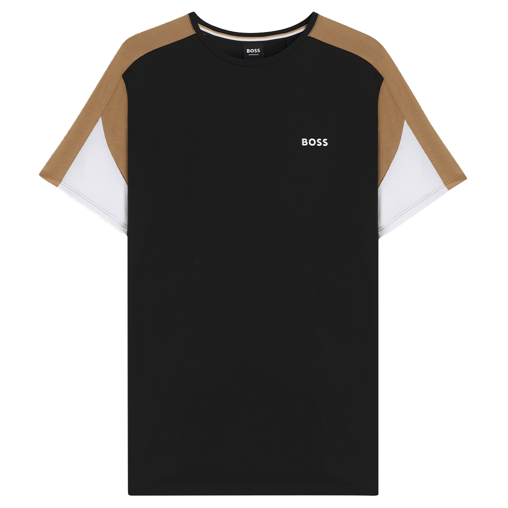Black t-shirt with brown and white sleeves on a white background