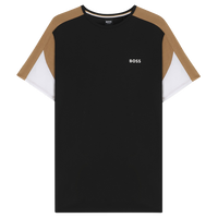 Black t-shirt with brown and white sleeves on a white background