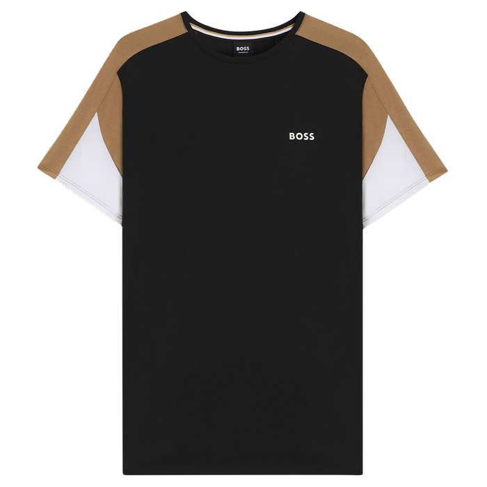 Black t-shirt with brown and white sleeves on a white background