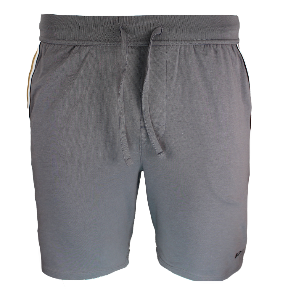 Gray shorts with a drawstring on a white background