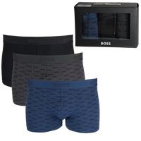 Three pairs of BOSS branded boxer briefs with a black box in the background.