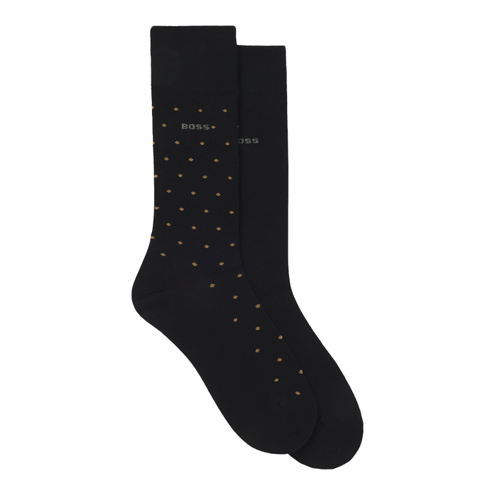 Black socks with gold polka dots on a white background