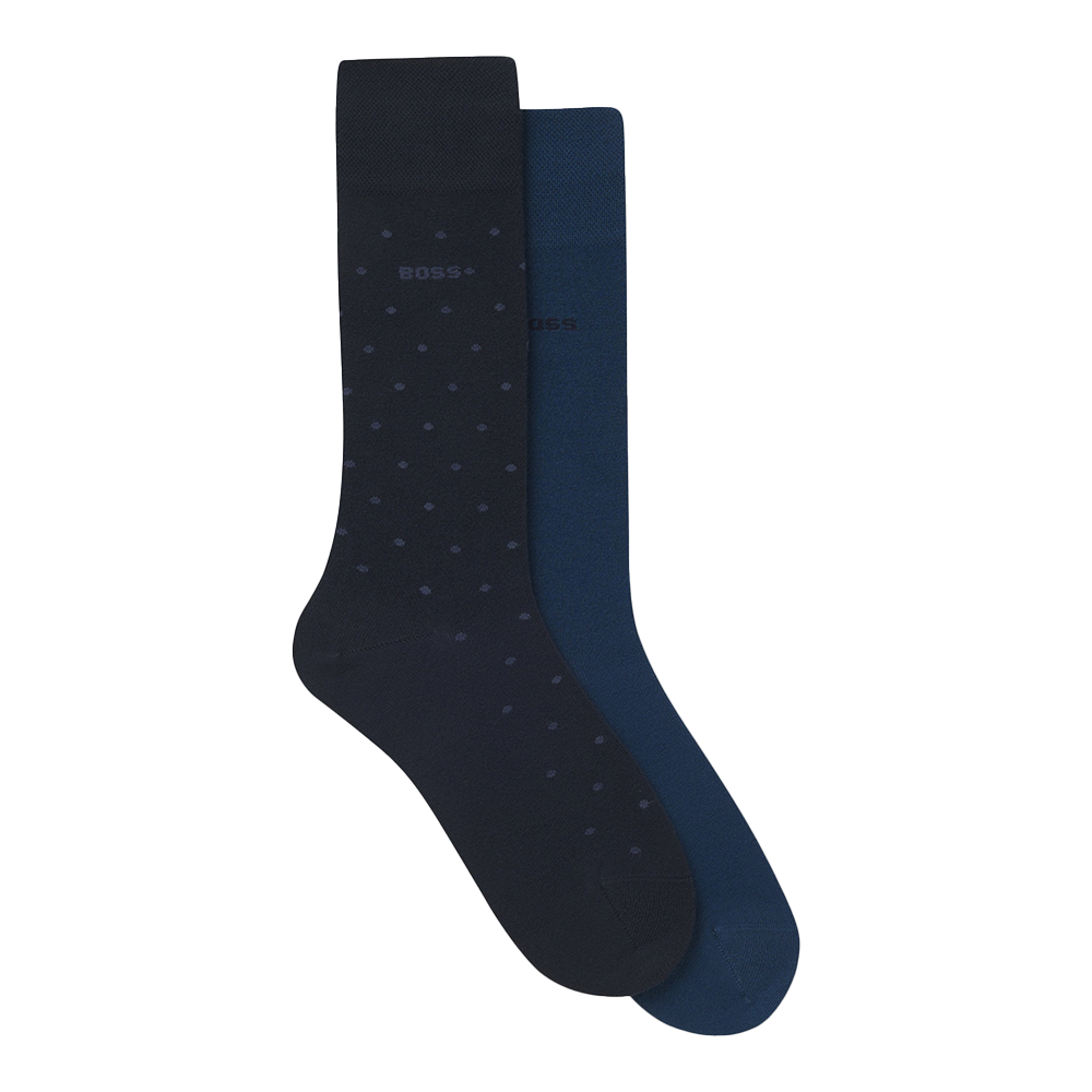 Two pairs of dark blue socks with subtle pattern on a white background