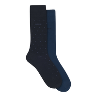 Two pairs of dark blue socks with subtle pattern on a white background