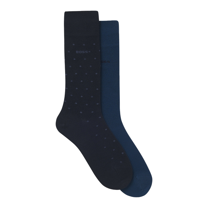 Two pairs of dark blue socks with subtle pattern on a white background
