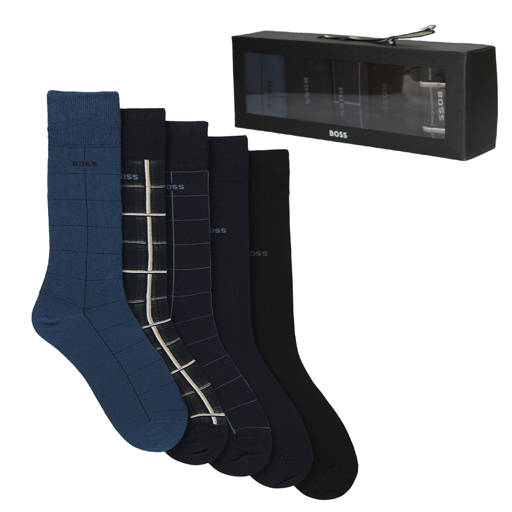 Set of black and blue socks with a branded box on a white background