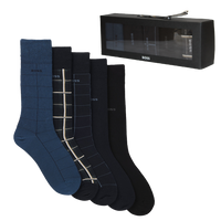 Set of black and blue socks with a branded box on a white background