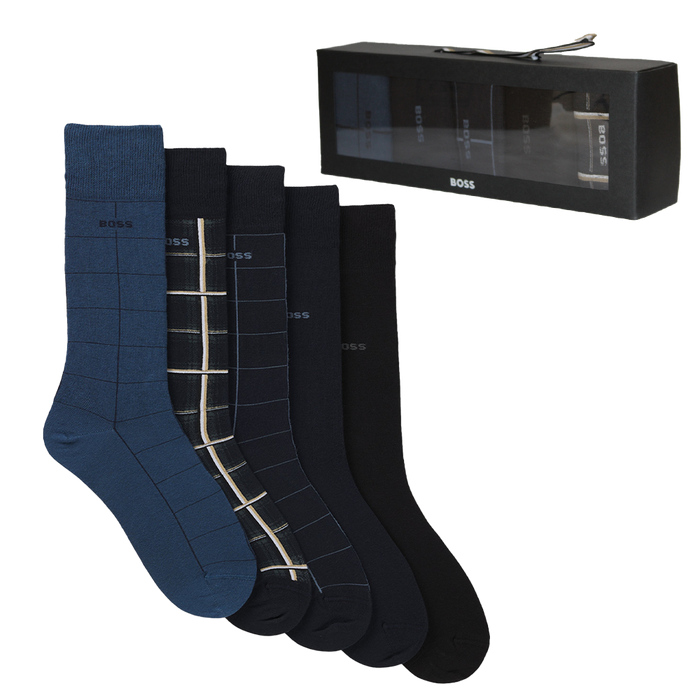 Set of black and blue socks with a branded box on a white background