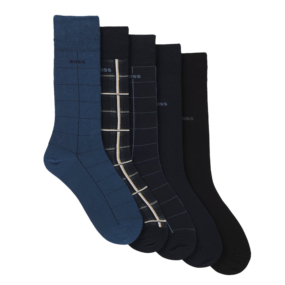 Set of five socks in blue and black with grid patterns on a white background