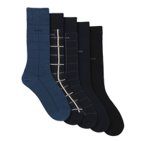 Set of five socks in blue and black with grid patterns on a white background