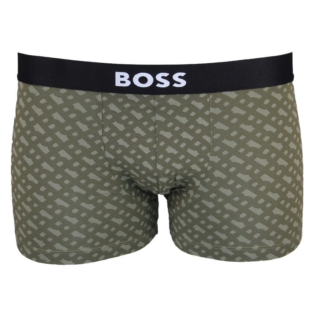Green patterned boxer briefs with a black 'BOSS' waistband on a white background