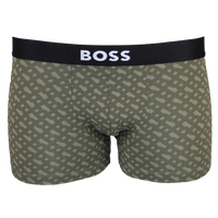 Green patterned boxer briefs with a black 'BOSS' waistband on a white background