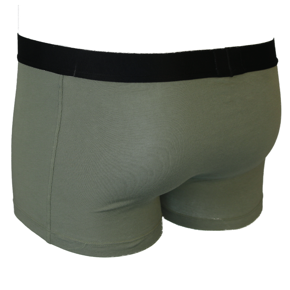 Green boxer briefs with a black waistband on a white background