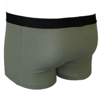 Green boxer briefs with a black waistband on a white background