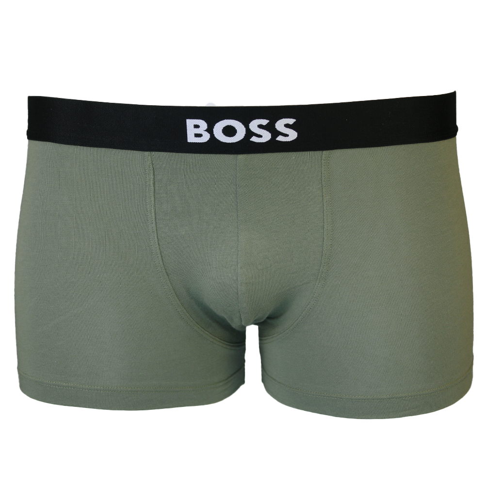 Green boxer briefs with a black waistband featuring 'BOSS' on a white background