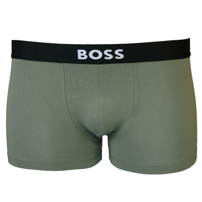Green boxer briefs with a black waistband featuring 'BOSS' on a white background