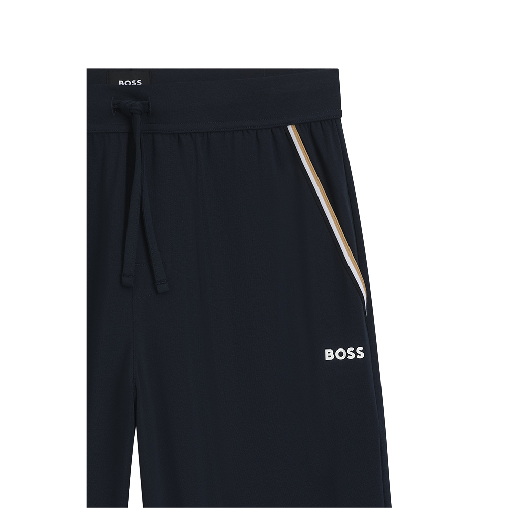 Black pants with a white stripe and 'BOSS' branding on a white background
