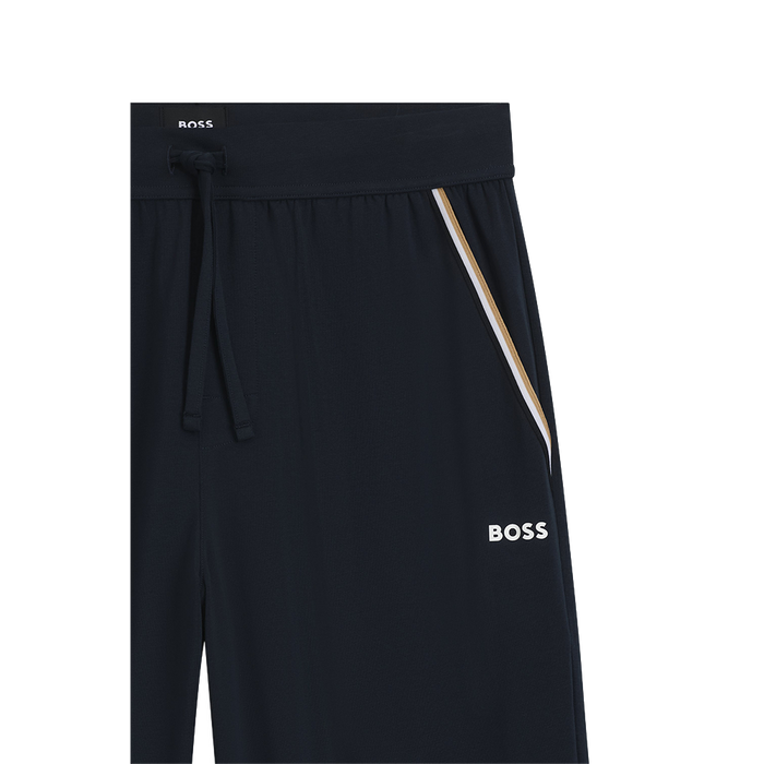 Black pants with a white stripe and 'BOSS' branding on a white background