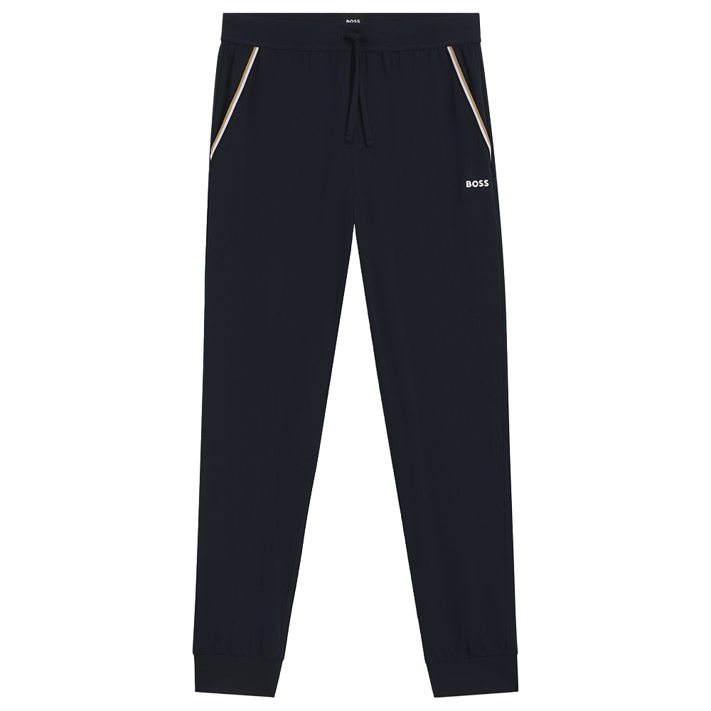 Black pants with white logo on a white background