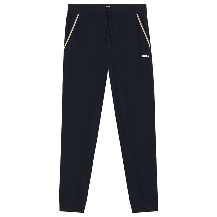 Black pants with white logo on a white background