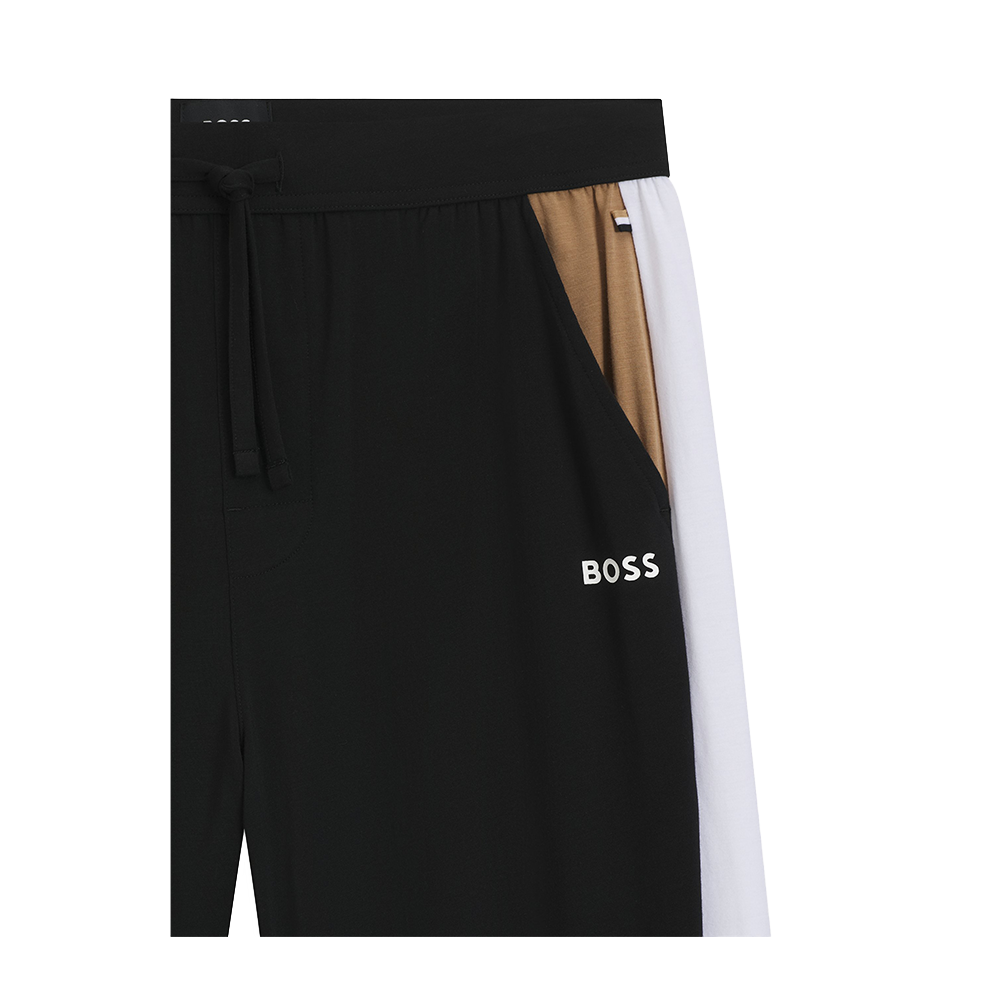 Black shorts with a white stripe and 'BOSS' logo on a white background