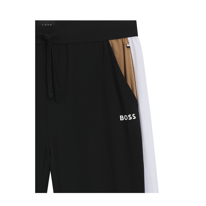 Black shorts with a white stripe and 'BOSS' logo on a white background