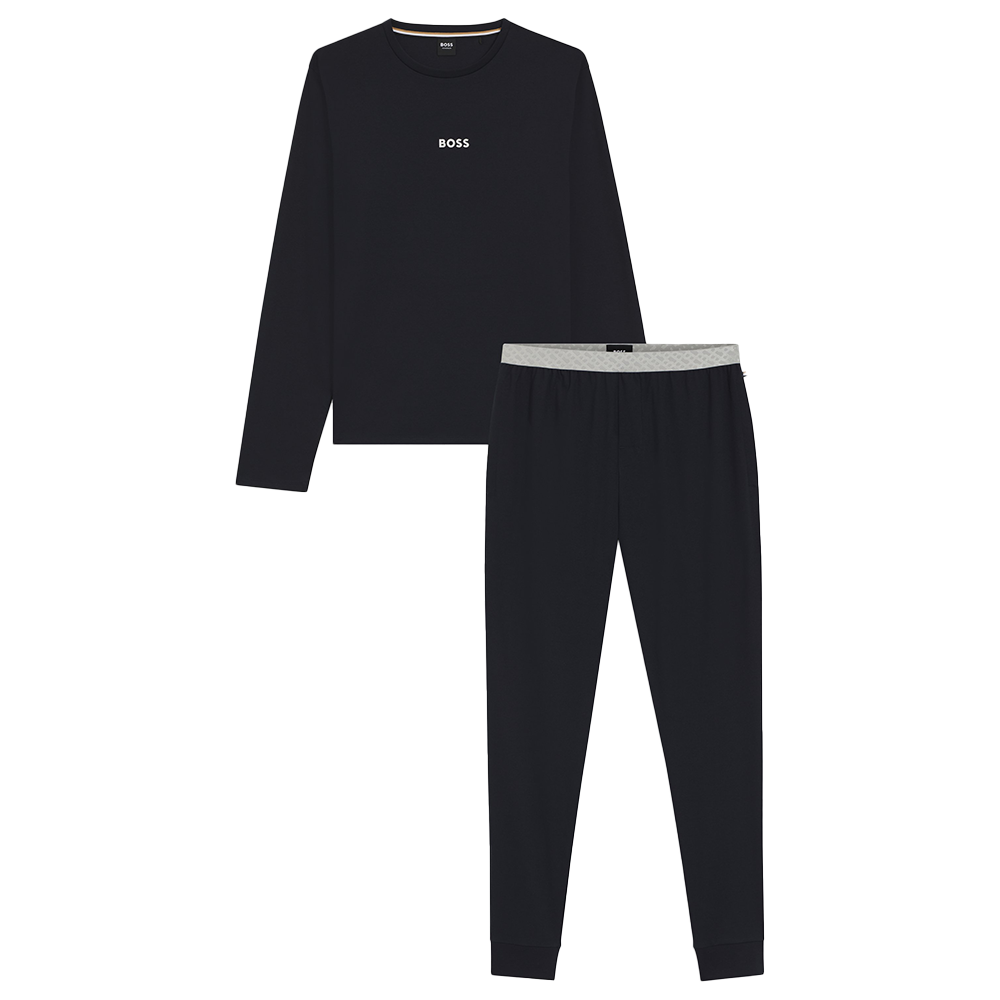 Black long-sleeve top and pants set with 'BOSS' branding on a white background