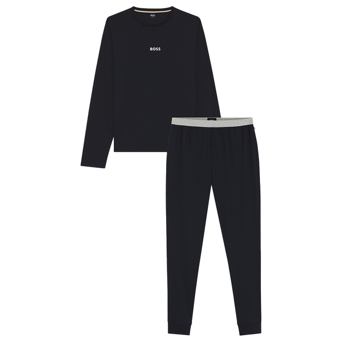 Black long-sleeve top and pants set with 'BOSS' branding on a white background